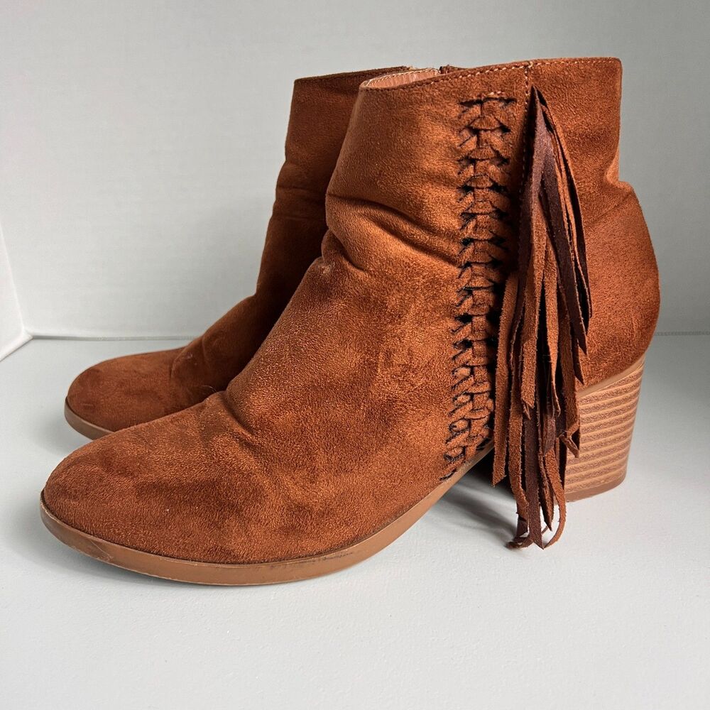 Maurices Jill Ankle Boots Booties Rust Brown Faux Suede Fringe Women's 7.5 M